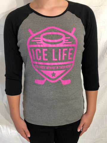 Ladies 3/4 Sleeve Ice Life Shield Logo Jersey Shirt - Ice Life Hockey