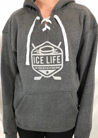 Gray Hockey Lace Up Ice Life Logo Hoodie- Unisex - Ice Life Hockey