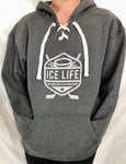 Gray Hockey Lace Up Ice Life Logo Hoodie- Unisex - Ice Life Hockey